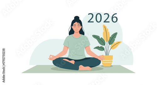 Young woman practicing yoga meditation for new year 2026 wellness and mindfulness goals. Flat Vector Illustrations. EPS Editable