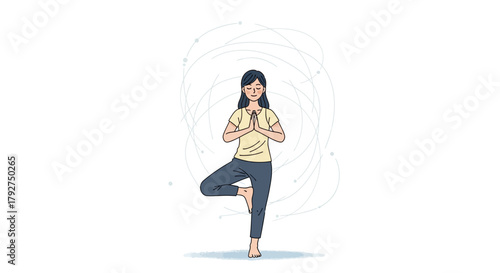 Young woman practicing yoga in tree pose illustration on white background. Flat Vector Illustrations. EPS Editable