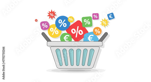 Shopping basket overflowing with colorful discount percentage and euro symbols. Flat Vector Illustrations. EPS Editable