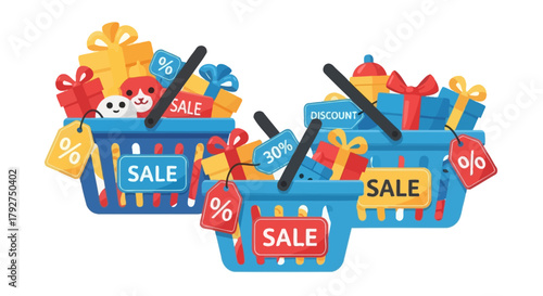 Three blue shopping baskets overflowing with presents and sale tags for retail promotion. Flat Vector Illustrations. EPS Editable