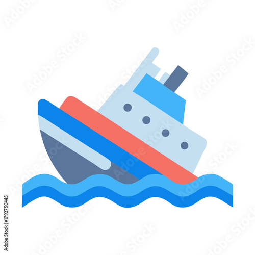 Sinking ship illustration amidst ocean waves on black background