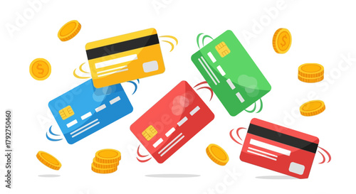Various colorful credit cards and gold coins floating on white background. Flat Vector Illustrations. EPS Editable