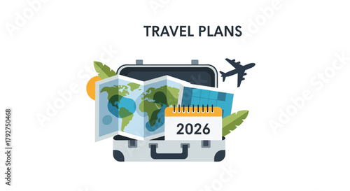 Travel plans for 2026 with suitcase map and airplane concept. Flat Vector Illustrations. EPS Editable