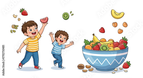Two happy cartoon boys playing with a large bowl of fresh fruit. Flat Vector Illustrations. EPS Editable