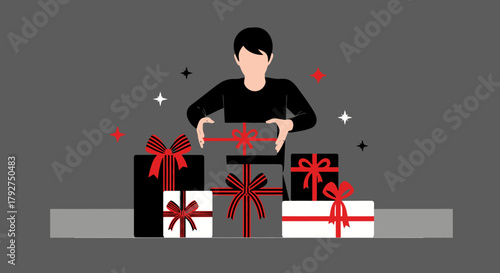 Vector illustration of a man opening a glowing gift box surrounded by presents and hearts. Flat Vector Illustrations. EPS Editable