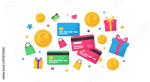 Vibrant illustration of credit cards coins and gifts representing shopping rewards and online payment. Flat Vector Illustrations. EPS Editable