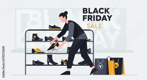 Woman choosing shoes from a shelf during a Black Friday sale event in a retail store. Flat Vector Illustrations. EPS Editable