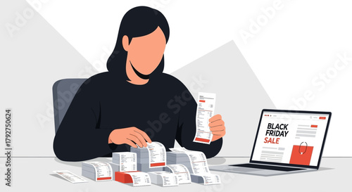 Woman checking numerous receipts after Black Friday online shopping spree. Flat Vector Illustrations. EPS Editable