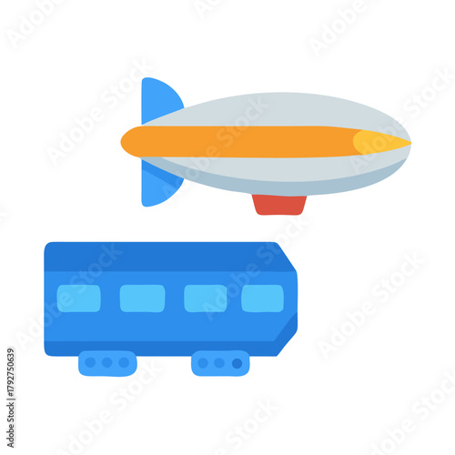 Cartoon airship and train car illustration on black background