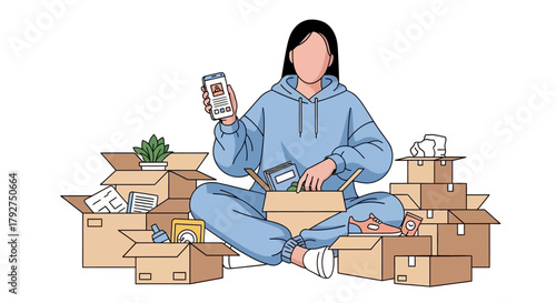 Woman in a blue hoodie sitting on the floor unpacking cardboard boxes after moving. Flat Vector Illustrations. EPS Editable