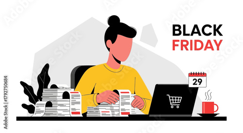Woman overwhelmed by long receipts after a Black Friday online shopping spree. Flat Vector Illustrations. EPS Editable
