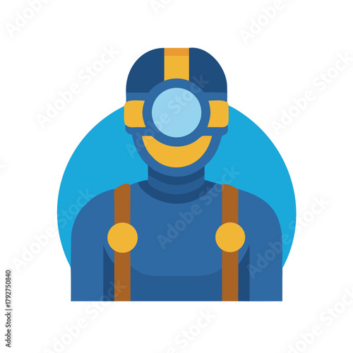 Blue miner with headlight vector icon on black backdrop