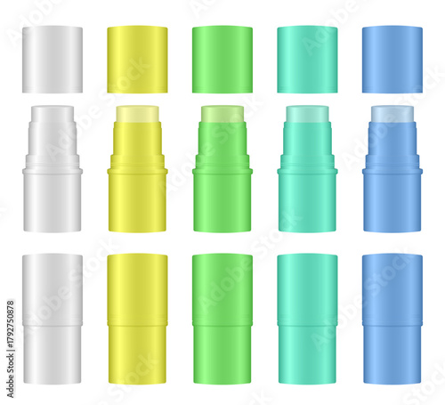 Mockup of open and closed cosmetic sticks. Cosmetic tube. Eye shadow pen, highlighter or bronzer. Face paint. Green, teal, blue, yellow, and white containers.