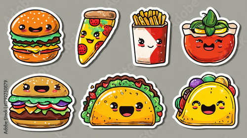 Cartoon stickers of various fast food items including burgers pizza fries and tacos with happy faces