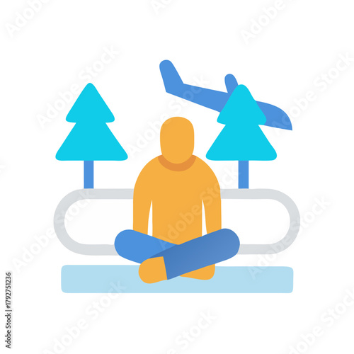 Meditating in nature beside runway with airplane flying above