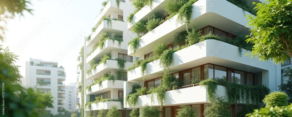 Fototapeta premium Modern apartment building eco friendly design. Exterior facade with plants creates sustainable urban habitat. Contemporary architecture presents green living concept promoting environment protection.