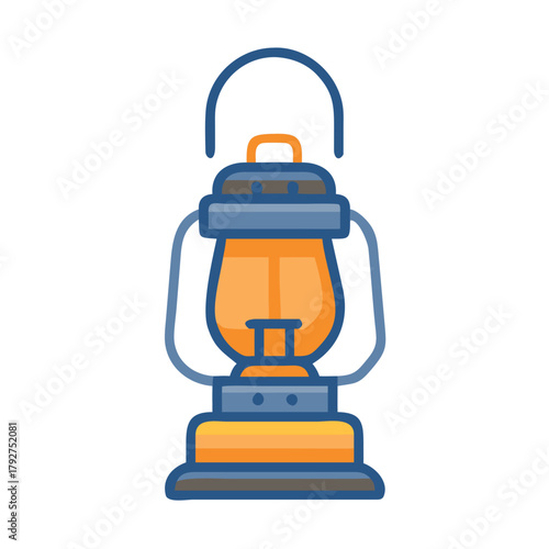 Blue framed lantern glowing warmly in the dark space