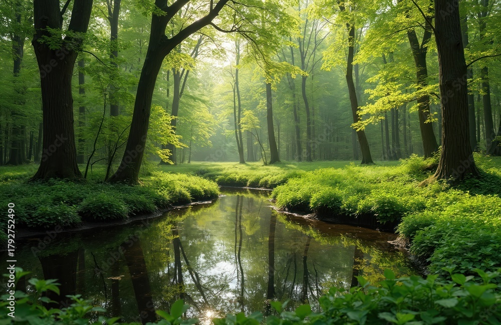Naklejka premium Sunlight filters through lush green trees onto a calm forest stream reflecting the verdant surroundings. Overgrown banks and a tranquil pond create a serene, natural wetland.