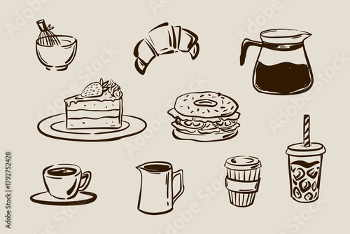Hand-drawn cafe elements set with coffee, desserts, and drinks. Vector illustration with croissant, coffee cup, teapot, cake, bagel, and takeaway beverages. Perfect for coffee shop branding.