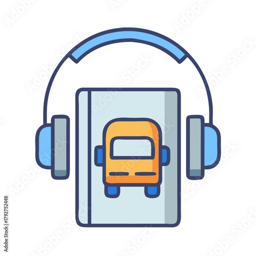 Audiobook icon showcasing education with headphones and vehicle illustration