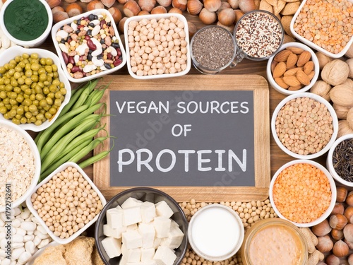 Top View of Vegan Sources of Protein Food Assortment on a Wooden Background