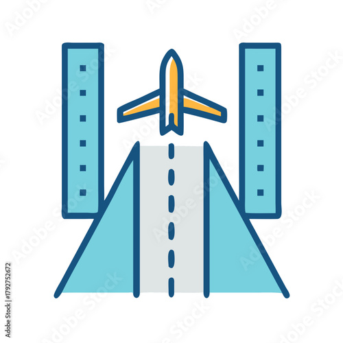 Stylized airplane taking off from an airport runway illustration