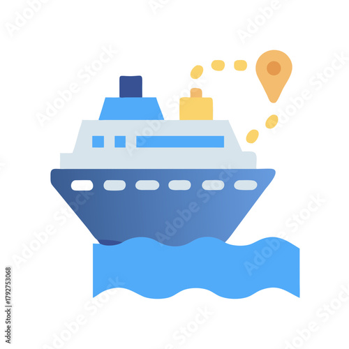 Cruise ship icon sailing towards destination on black background