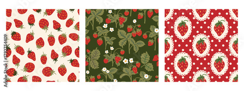 Vintage red green seamless pattern set strawberry polka dot print fabric wallpaper wrapping paper
