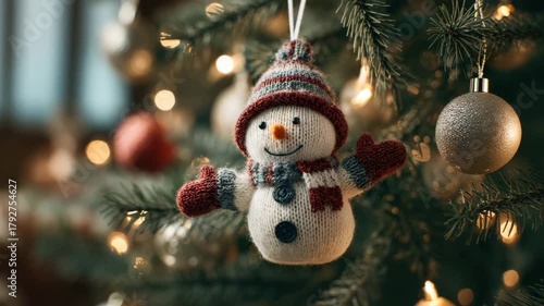 hanging knitted snowman figure on decorated christmas tree animation