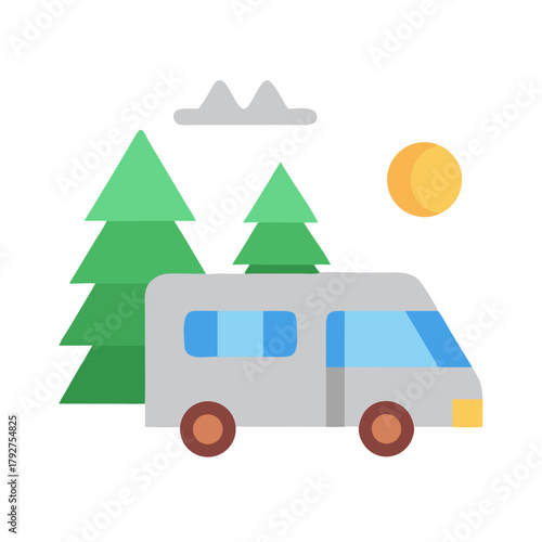Flat design campervan illustration in scenic outdoor landscape