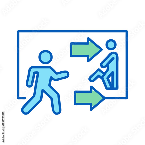 Emergency exit pathway with green arrows and blue figures