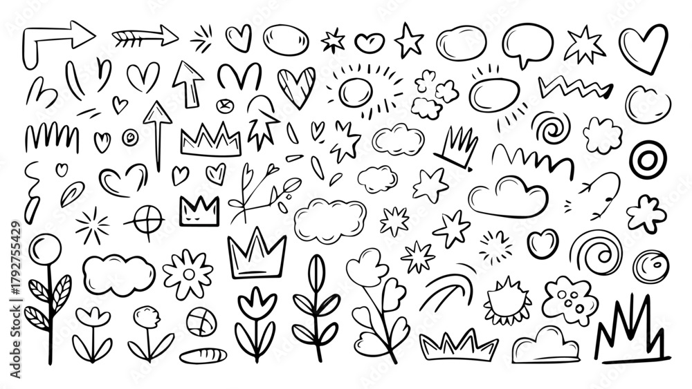 Naklejka premium Set of hand drawn doodle arrow icons, symbols, and elements vector illustration pattern