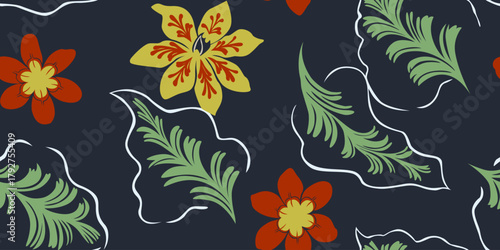 Vivid tropical bold flower with leaves seamless pattern. Abstract botanical design on dark background.