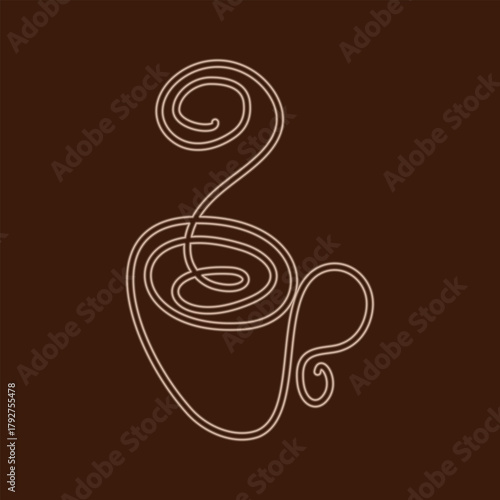 Outline continuous line Coffee cup with swirl steam Neon Glowing Sticker icon Minimalist Flat Design. Isolated Vector illustration Banner or Caffe sign Design Coffee Themed or Menu Cards Promo leaflet