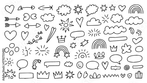 Hand drawn doodle cartoon set of speech bubble arrows and weather icons vector sketch collection
