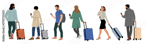 Minimalist vector illustration of diverse travelers walking in profile with rolling suitcases and smartphones, modern flat design in muted tones of blue, green, beige, and gray