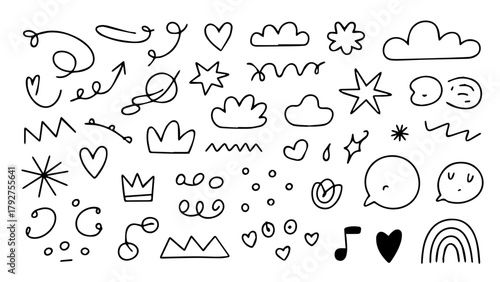 Hand drawn doodle alphabet vector set with speech bubble and weather icons design collection