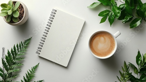 Cozy Workspace with Coffee, Notebook, and Greenery on White Background.