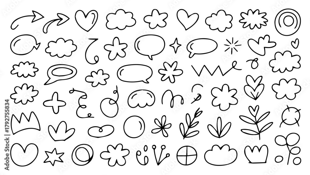 Naklejka premium Hand drawn vector alphabet set of cartoon weather symbols and seamless cloud sun rain pattern illustration