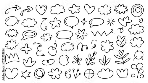 Hand drawn vector alphabet set of cartoon weather symbols and seamless cloud sun rain pattern illustration