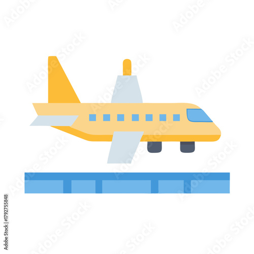 Stylized yellow airplane on blue runway flat design