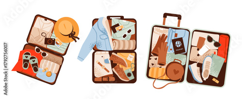 Suitcases with travel accessories set. Travel essentials like luggage, passport, and camera. Tourism, adventure journeys, and packing concept. Flat vector illustration.