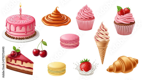 Vector illustration of assortment of sweet desserts including cake, cupcakes, macarons, and ice cream on a transparent background
