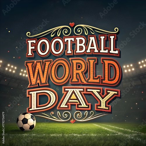 Football world day graphic with a soccer ball on a green field under stadium lights at night