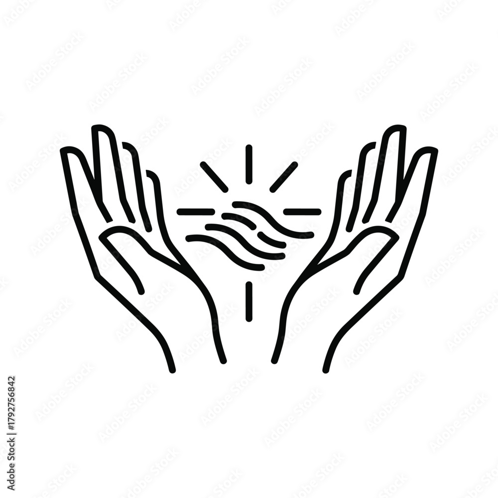 Obraz premium Open hands with sun rays and wavy lines in between
