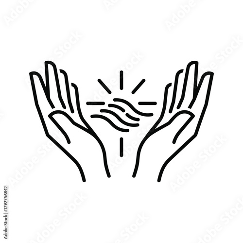 Open hands with sun rays and wavy lines in between