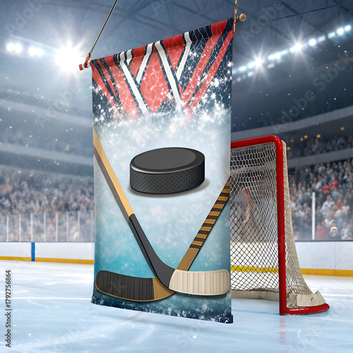 A suspended banner displaying hockey equipment near a net in a stadium full of spectators