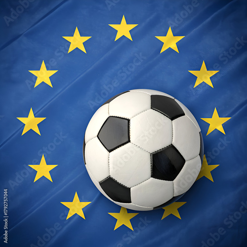 A soccer ball rests against a blue background adorned with a circle of yellow stars european theme
