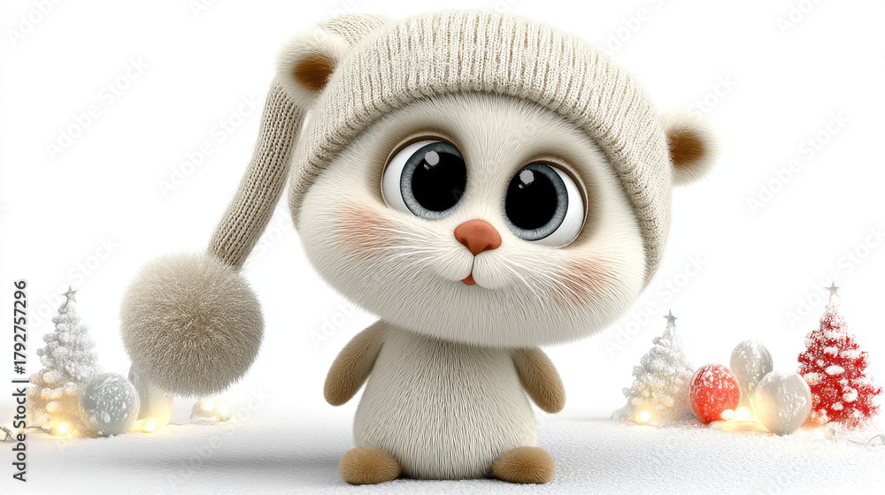 Fototapeta premium Cute christmas animal with big eyes wearing cozy hat stands among festive tree and ornament decorations in joyful winter scene