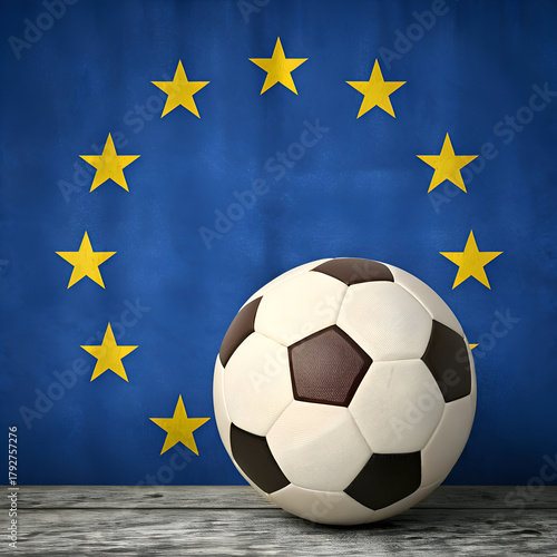 A soccer ball rests against a blue backdrop adorned with yellow stars, symbolizing european football